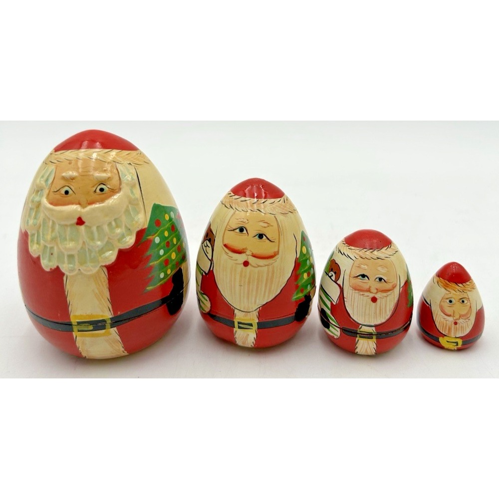 Vintage Russian Style WOODEN Nesting Santa Claus Dolls Set Of 4 Hand Painted
